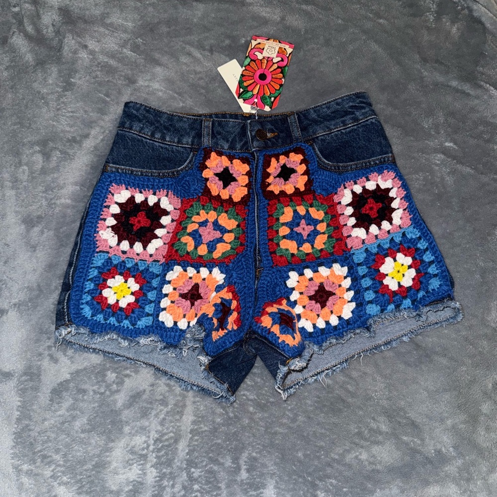 Farm Rio NWT High Waisted Quilt Pattern Overlay Denim Jean Shorts